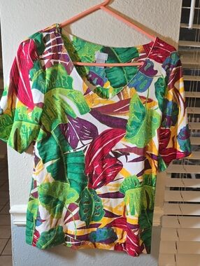 Chico's Vibrant Tropical Leaf V-Neck Top - Green, Red, Purple, Yellow